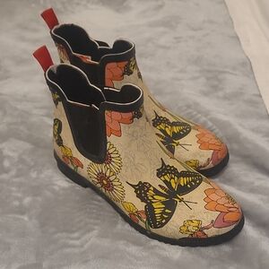 Cougar Butterfly & Floral Chelsea Rain Boots - Yellow, Orange, Cream, And Black